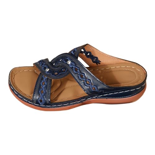 Pantoletten Damen Mit Fussbett Leder Orthopädische Schuhe Fersensporn Sommerschuhe Bohemian Einriemer-Sandalen Atmungsaktiv Freizeitsandalen Slingback Pantoletten Damenschuhe Keilsandaletten von Generisch