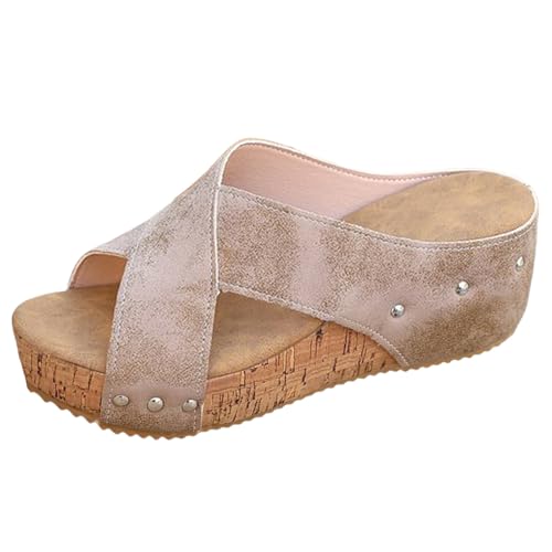 Pantoletten Damen Mit Kork Fussbett Keilabsatz - Plateau Sandalen Damen Sommer Peeptoe Pumps Leichte Rutschfeste Slipper Schlappen Modische Retro Strand Sandalen Fischmaul Schuhe Wedges Freizeitschuhe von Generisch