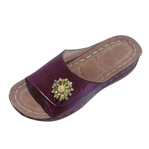 Pantoletten Damen Peep Toe Latschen Casual Strandschuhe Leichte Slipper Bequeme Latschen Rutschfeste Schlappen Orthopädische Wanderschuhe Elegant Keilabsatz Hausschlappen Leder Outdoor Walkingschuhe von Generisch