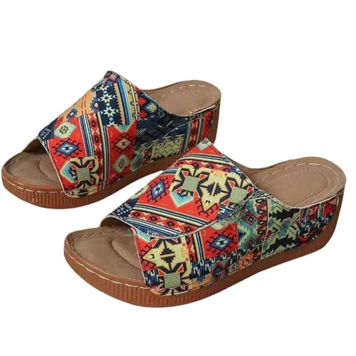 Pantoletten Damen Sommer Boho Bunte Keilsandalen Orthopädische Sandalen Peep Toe Sandaletten Slip-On Plateaau Freizeitsandalen Leicht Hausschuhe Mit Weichen Sohlen Rutschfest Slippers von Generisch