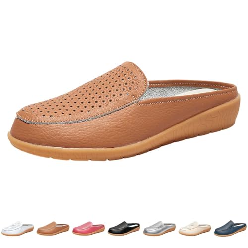 Pantoletten Damen Vorne Geschlossen Hausschuhe Vintage Weiches Leder Halbschuhe Sommer Rutschfest Loafers Flache Schuhe Wanderschuhe Freizeit Atmungsaktives Lauflernschuhe Freizeitschuhe Damenschuhe von Generisch