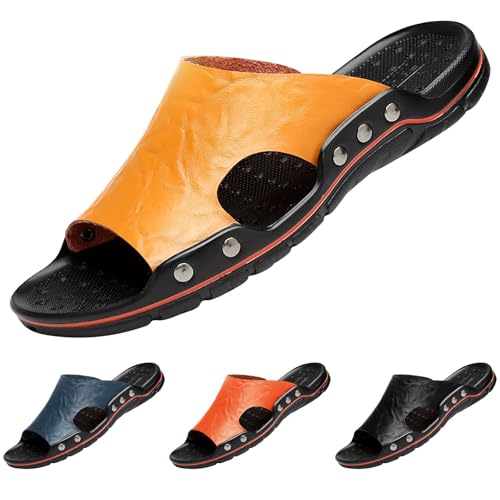 Pantoletten Herren 45 Leder - Badelatschen Herren 47 Breiter Fuß Offener Zeh Leder Sommer Hausschuhe Gummisohlen Rutschfest Badeschlappen Duschschuhe Strand Spa-Slipper Flache Sohle Schlappen Sandals von Generisch