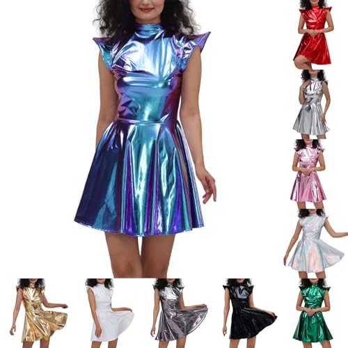 Generisch Damen Alien Kostüm Metallic Glitzerkleid Minikleid Karneval Silvester Kleid Holographisches Metallisch Glänzend Glitzerrock Wetlook Ärmellos Partykleid von Generisch
