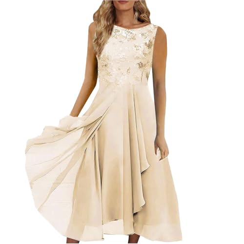 Partykleid Damen Modische Kleider Spitze Ärmellose Kleid Mesh Sommerkleider Leicht Und Luftig Strand Kleider Cocktail Club Brautjungfernkleid Cocktailkleid (03 Gold, L) von Generisch