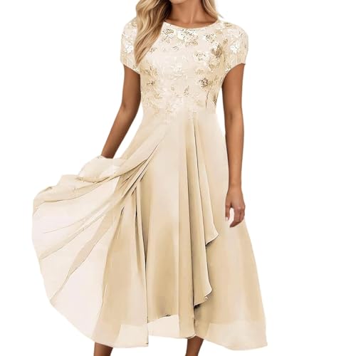 Partykleid Damen Modische Kleider Spitze Kurzarm Kleid Mesh Sommerkleider Leicht Und Luftig Strand Kleider Cocktail Club Brautjungfernkleid Cocktailkleid (Gold, M) von Generisch