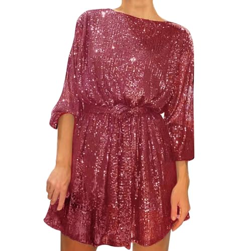 Partykleid Damen Pailletten Kleid Damen Glitzer Kleid Damen Glitzerkleid Damen Silvester Kleid Damen Glitzer Kleid Paillettenkleid Pailettenkleider FüR Damen Silvester Outfit (4-Watermelon Red, XL) von Generisch