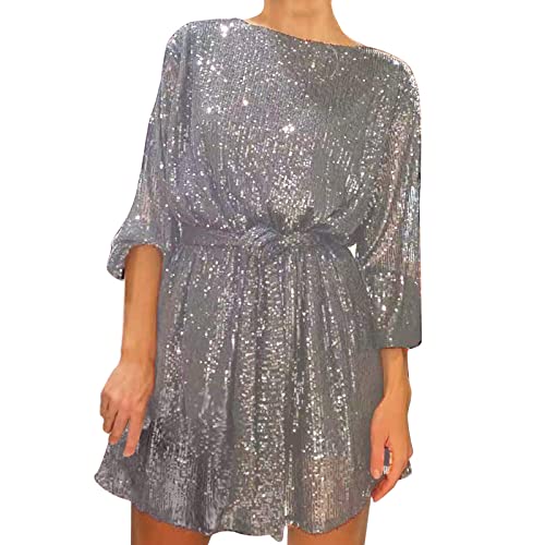 Partykleid Damen Pailletten Kleid Damen Glitzer Kleid Damen Glitzerkleid Damen Silvester Kleid Damen Glitzer Kleid Paillettenkleid Pailettenkleider FüR Damen Silvester Outfit Kleid (1-Silver, M) von Generisch