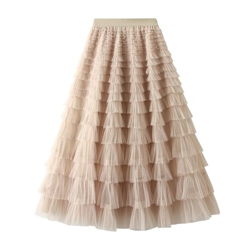 Partykleid Rock Tüllrock Damen Lange Stufenröcke Elegant Elastische Hohe Taille A Linie Einfarbig Mehrschichtige Faltenröcke Mesh Tutu Röcke Puffy Maxiröcke Freizeitrock Eleganter Damenrock von Generisch