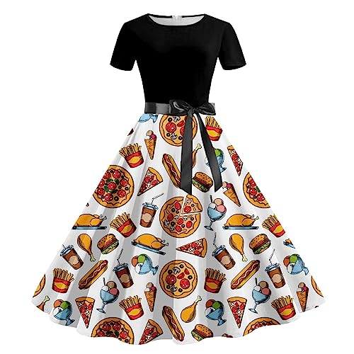 Partykleider Karneval Party Oktoberfest Kostüm Lässige Vintage-Cocktailkleider für Damen, kurzärmelig, knielang, Retro-A-Linie, ausgestellt, Swing, Cocktailkleid Damen Rockabilly Kleider Festlich von Generisch