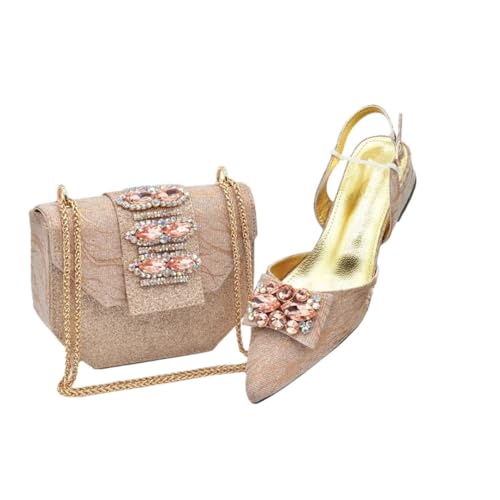 Partyschuhe und Taschen für Damen, passend zu eleganten, niedrigen Absätzen, spitzer Zehenbereich, Strass-Schuh und Tasche, champagnerfarben, 42.5 EU Partyschuhe und Taschen für Damen, passend zu eleganten, niedrigen Absätzen, spitzer Zehenbereich, Strass-Schuh und Tasche, champagnerfarben, 42.5 EU von Generisch