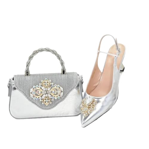 Passende Schuhe und Taschen für Damen, Party, nigerianische italienische Schuhe und Taschen, Set verziert, Silber für Set, 41.5 EU von Generisch