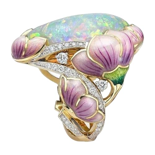 Pearl Ring Enamel Painted Flower Leaves Rings Vintage Jewelry Full Zircon Lady Gold Opal Green For Woman Ringelshirt Karneval (Purple One Size) von Generisch
