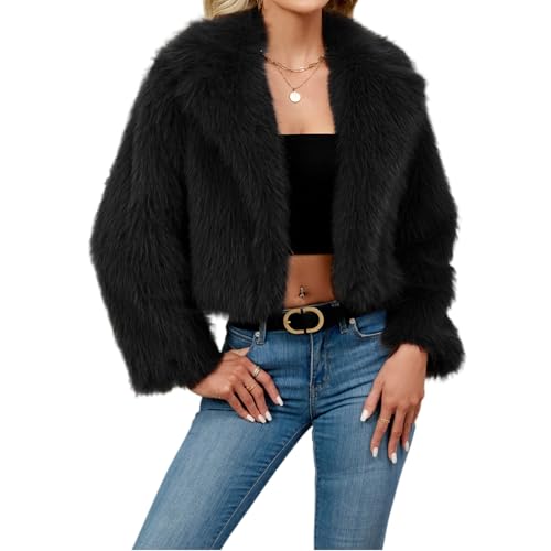 Pelzmantel Damen Modische Einfarbig Kurz Kunstpelze Jacke Kunstfell Mantel Kuschelig Fellmantel Dicke Warme Winterjacke Winter Pelzjacke Langarm Wintermantel Felljacke Übergangsjacke Schwarz M von Generisch