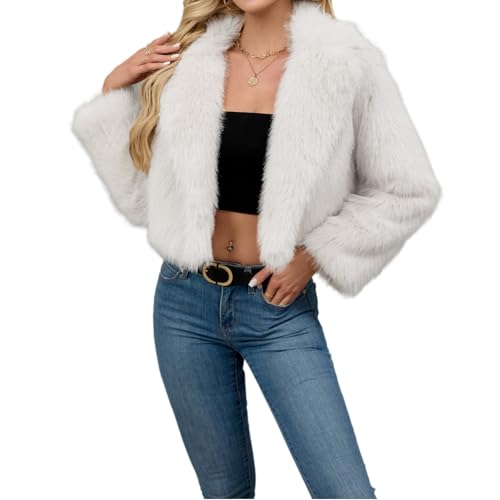 Pelzmantel Damen Modische Einfarbig Kurz Kunstpelze Jacke Kunstfell Mantel Kuschelig Fellmantel Dicke Warme Winterjacke Winter Pelzjacke Langarm Wintermantel Felljacke Übergangsjacke Weiß M von Generisch
