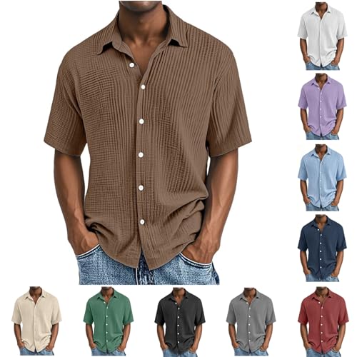 Generisch Leinenhemd Herren Kurzarm Musselin Hemden Button Down Leicht Sommerhemd Casual Freizeithemd mit Brusttasche Bequem Atmungsaktiv Strandhemd Urlaub Leinenshirt Braun,L von Generisch