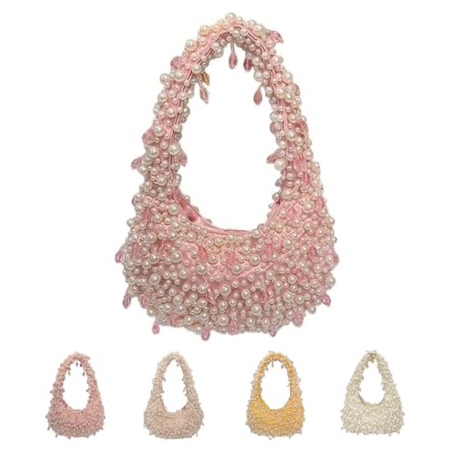 Perlen Handtasche Damen, Elegante Perlen Umhängetasche mit Großer Kapazität, Handgefertigte Sommer Abendtasche, Modische Shopper & Arbeitshandtasche (Pink) von Generisch