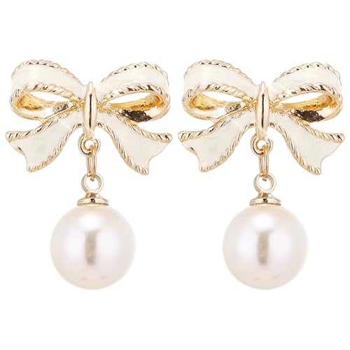 Perlenohrringe mit Schleife, modische und vielseitige trendige Ohrringe, koreanisch, Internet, personalisierte Ohrringe, leichte Statement-Ohrringe, Einheitsgröße, Aluminiumlegierung, Kein Edelstein von Generisch