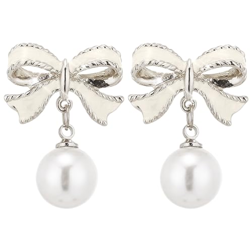 Perlenohrringe mit Schleife, modische und vielseitige trendige Ohrringe, koreanisch, Internet, personalisierte Ohrringe, leichte Statement-Ohrringe, Einheitsgröße, Aluminiumlegierung, Kein Edelstein von Generisch