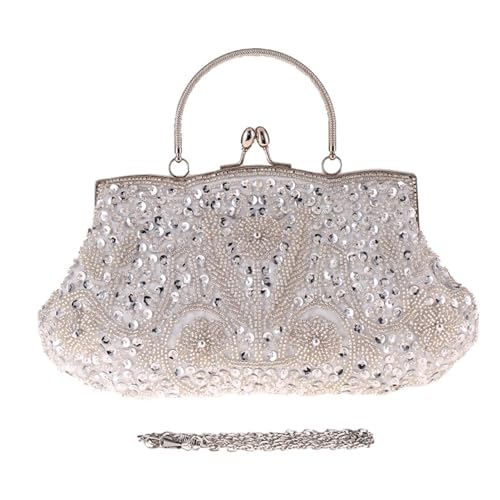 Perlentasche, Perlen Abendtaschen für Frauen mit Kettenriemen - Perlenbeutel ein luxuriöses Design große Kapazität Das Hochzeitsdatum, silber, riferimento alla descrizione von Generisch