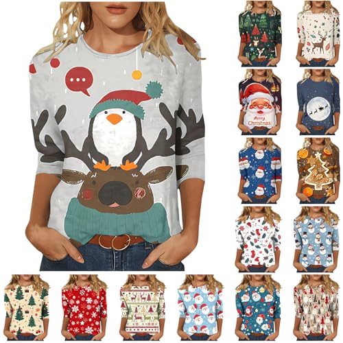 Personalisierte Geschenke 3/4 Ärmel Shirt Damen Weihnachten Bedrucken Bluse Lustig Christmas Langarmshirt Dünne Weihnachtspullover Festliche Karneval Weihnachtspulli Longsleeve von Generisch