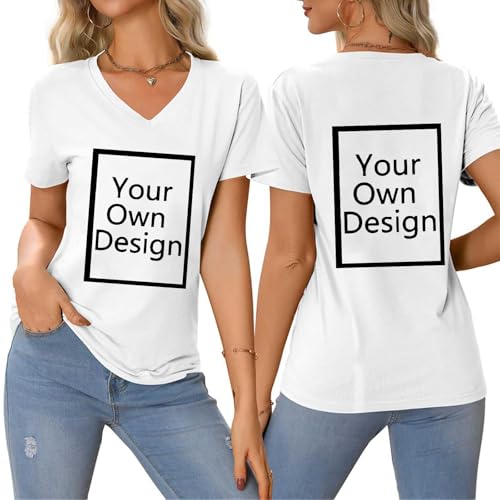 Personalisierte T-Shirt Damen V-Ausschnitt Oberteile Selbst Gestalten Tops Kurzarm Sommer Casual Atmungsaktiv Basic Shirt Bedrucken Lassen mit Foto/Text Custom Tshirt Gutscheine Weiß L von Generisch