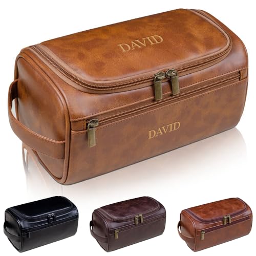 Personalisiertes Dopp Kit für Männer - Individuelle Kulturtasche mit Monogramm, wasserabweisender Organizer mit Fächern, Geschenk für Vater, Ehemann, Bruder, Trauzeugen, braun, Kulturbeutel von Generisch