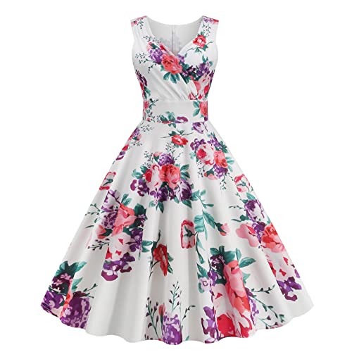 Petticoat Kleid Damen Festlich Midilang Kleid Blumenkleid Blumenkleid Rockabilly V-Ausschnitt Faltenrock A-Line Swing 1950er Vintage Retro Cocktailkleid Freizeitkleid Elegant Midi Abendkleid von Generisch