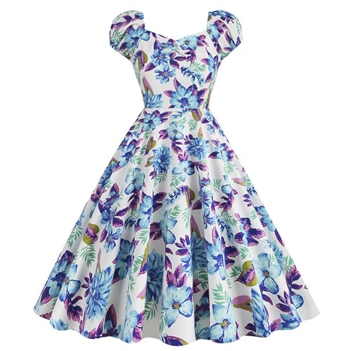 Petticoat Kleid Damen Rockabilly V-Ausschnitt Faltenrock A-Line Swing 1950er Vintage Retro Cocktailkleid Freizeitkleid Elegant Midi Abendkleid Festlich Midilang Kleid Blumenkleid Blumenkleid von Generisch