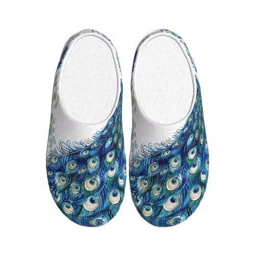 Pfau Floral Damen Hausschuhe Flanell Haus Pantoffeln für Herren Feder Boho rutschfest Warme Winterschuhe für Indoor Outdoor, mehrfarbig, 3X-Large von Generisch