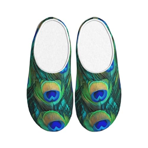 Pfauenfeder Damen Hausschuhe Flanell Haus Pantoffeln für Herren Ethno rutschfeste Warme Winterschuhe für Indoor Outdoor, mehrfarbig, X-Small Men/ X-Large Women von Generisch