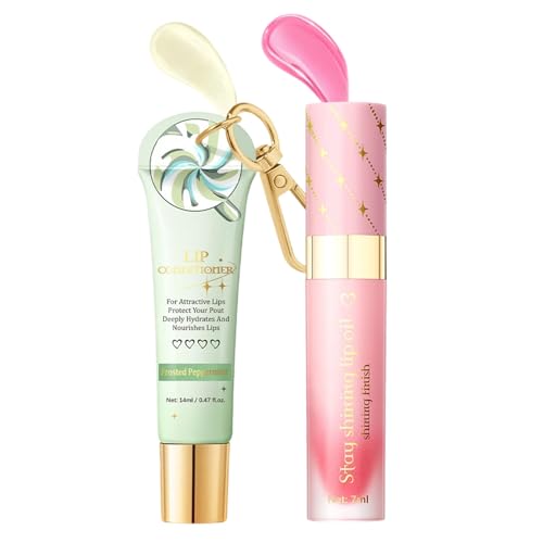Pfirsich Erdbeer Feuchtigkeits Lippenöl Set,2 in 1 Lippengloss Pflegeessenz,Pflegt die Lippen Intensiv,Praktisches Schlüsselanhänger Design,für Mädchen Lippenpflege für Frauen (A) von Generisch