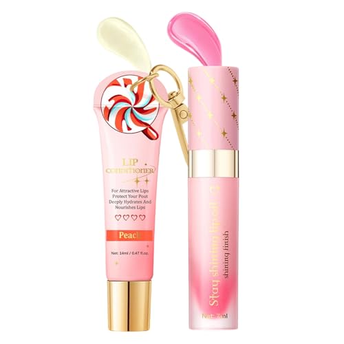 Pfirsich Erdbeer Feuchtigkeits Lippenöl Set,2 in 1 Lippengloss Pflegeessenz,Pflegt die Lippen Intensiv,Praktisches Schlüsselanhänger Design,für Mädchen Lippenpflege für Frauen (B) von Generisch