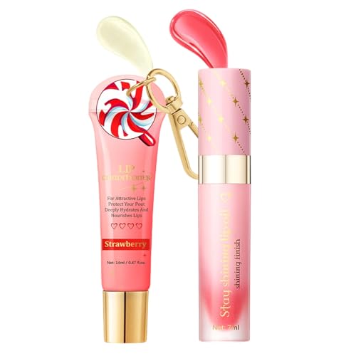Pfirsich Erdbeer Feuchtigkeits Lippenöl Set,2 in 1 Lippengloss Pflegeessenz,Pflegt die Lippen Intensiv,Praktisches Schlüsselanhänger Design,für Mädchen Lippenpflege für Frauen (C) von Generisch