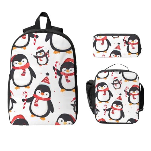Pinguin Winter Rucksack Set für Mädchen Jungen mit Lunchtasche Federmäppchen Weihnachten Weihnachtsmann 3 Stück Schultaschen Isolierte Lunchbox Geschenke für Frauen Männer von Generisch