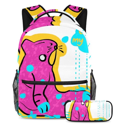 Pink Cat Carry Your Dreams, 2-teiliges Schulranzen-Set für Jungen, Mädchen und Teenager, stilvolle Reise-Büchertasche, Mehrfarbig Nr. 02, B：29.4x20x40cm P：19x7.5x3.8cm, Tagesrucksäcke von Generisch