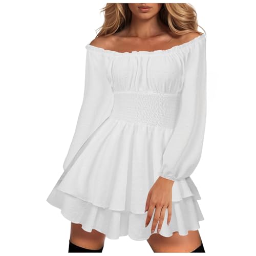 Piraten kostüm Damen Gebauschtes Rüschenkleid mit Integrierten Schulterfrei Stufenkleid Chiffon Weißes Kleid Freizeitkleid Laterne Langarm Rüschen Layer Knielanges Kleid Karneval Kostüm Partykleid von Generisch