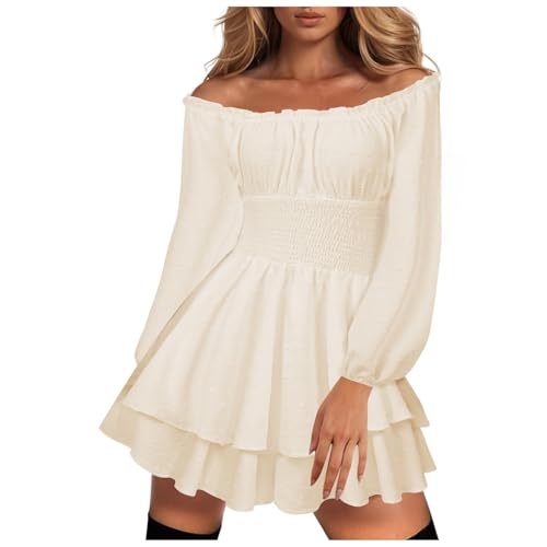 Piraten kostüm Damen Gebauschtes Rüschenkleid mit Integrierten Schulterfrei Stufenkleid Chiffon Weißes Kleid Freizeitkleid Laterne Langarm Rüschen Layer Knielanges Kleid Karneval Kostüm Partykleid von Generisch