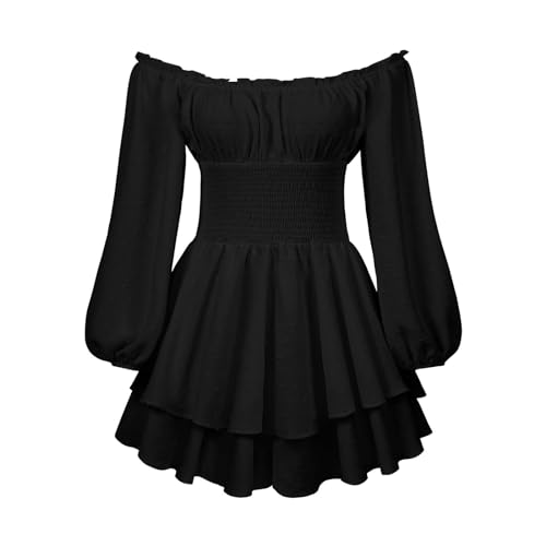 Piratenkostüm Damen, Sommerkleid Damen Swing Kleid Off Shoulder Slash Neck Skaterkleid Einfarbige A-Linien-Kleid Trägerloses Strandkleid Partykleid Karneval Kostüm Piratin Festliche Kleider für Frauen von Generisch