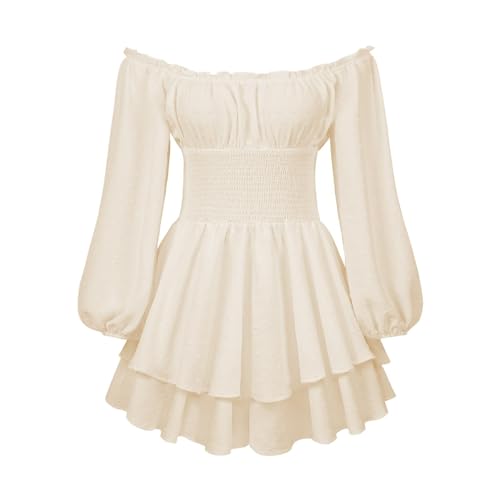 Piratenkostüm Damen Gothic Kleidung Schulterfrei Minikleid Renaissance Viktorianische Rüschen Kleid Kurz Strandkleid Piratinkleid Weiß A-Linie Kleid Piratin Kostüm für Karneval Halloween Party Cosplay von Generisch