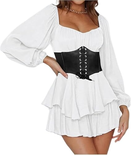Piratenkostüm Damen Gothic Kleidung Schulterfrei Minikleid Renaissance Viktorianische Rüschen Kleid Kurz Strandkleid Piratinkleid Weiß A-Linie Kleid Piratin Kostüm für Karneval Halloween Party Cosplay von Generisch
