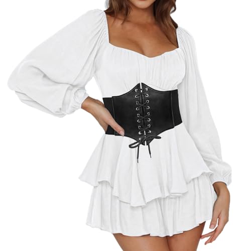 Piratenkostüm Damen Korsettkleid Renaissance Viktorianisches Kleid Kurz Minikleid Off Shoulder Weißes Kleid mit Korsett Piratenkleid Chiffon Stufenkleid Freizeitkleid Karneval Cosplay Piraten Kostüm von Generisch