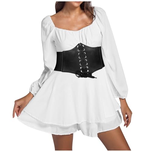 Piratenkostüm Damen Mittelalter Kleidung Sommerkleid Swing Kleid aus Chiffon Off Shoulder Rüschenkleid mit Integrierten Shorts Slash Neck Skaterkleid Einfarbiges A-Linien-Kleid Strandkleid von Generisch