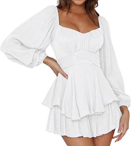 Piratenkostüm Damen Off Shoulder Strampler Weißes Kleid Einfarbige Langarm Rüschen Jumpsuit Elegant Chiffon Minikleid Kurz Boho Overalls Sommerkleid Casual Playsuit Halloween Karneval Piraten Kostüm von Generisch