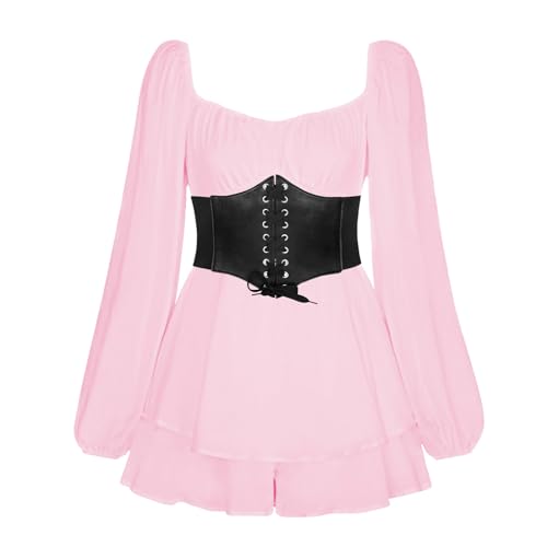 Piratenkostüm Damen Rüschenkleid mit Integrierten Shorts Schulterfrei Stufenkleid aus Chiffon Freizeitkleid Weißes Korsett Kleid Piratenkleid Minikleid Karneval Kostüm Damen Swing Kleid von Generisch