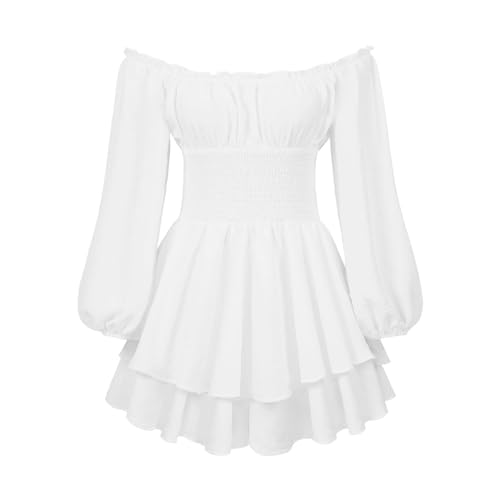 Piratenkostüm Damen Sommerkleid, Rüschenkleid mit Langen Puffärmeln, Schulterfrei, Stufenrock, Chiffon, als Freizeitkleidung,Off Shoulder Swing Kleid, Faschingskostüme Damen Party Karneval Kostüm von Generisch