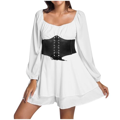 Piratenkostüm Damen Swing Rüschenkleid mit Langen Puffärmeln Off Shoulder Slash Neck Skaterkleid Einfarbiges A Linien Kleid Knielanges Patchwork Kleid Kurz Cocktailkleid Party Karneval Kostüm Damen von Generisch