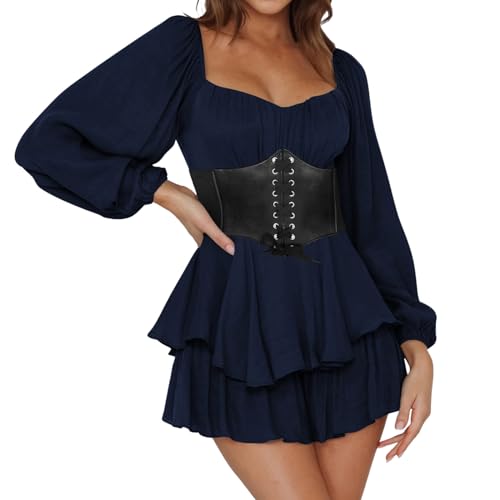 Piratenkostüm Damen mit Schwarz Korsett Gürtel Piraten Kostüm Frauen, Weißes Swing Pirat Kleid Rüschenkleid mit Shorts A-Linien Piratenkleid, Strandkleid Party Karneval Kostüm Faschingskostüme von Generisch