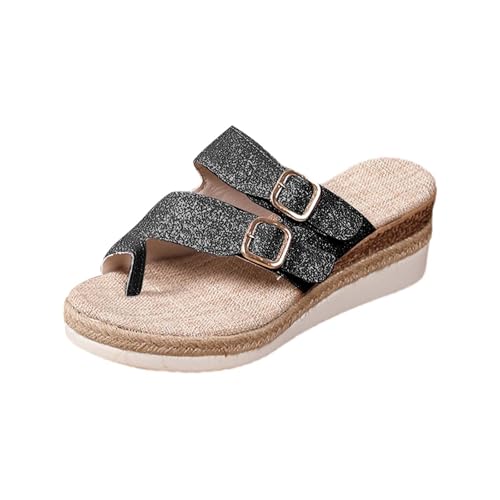 Plateau Espadrille Flip Flop Damen Doppelschnalle Sandalen Keil-Flip-Flops Flache Zehensandalen Espadrilles Sandalen Aushöhlen Sandalen Sommerschuhe Bequeme Outdoor-Wanderschuhe, Schwarz , 38.5 EU von Generisch