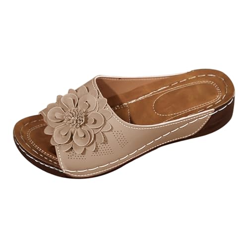 Plateau Hausschuhe Damen Leder, Orthopädische Sandalen Damen Keilabsatz Sommer Pantoletten Slip On Slipper Plattform Orthofit Damenschuhe Pflege Schuhe Offene Zehe Sandaletten Leichte Keilsandalen 1 von Generisch
