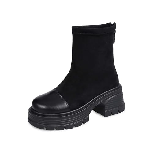 Plateau-Kampfstiefel, schwarzes Obermaterial aus Stretchstoff, klobige Sohle, seitlicher Reißverschluss, Stiefel für Damen, knöchelhoch, einzelne Schuhe, legere Damenschuhe, Schwarz , 39.5 EU Plateau-Kampfstiefel, schwarzes Obermaterial aus Stretchstoff, klobige Sohle, seitlicher Reißverschluss, Stiefel für Damen, knöchelhoch, einzelne Schuhe, legere Damenschuhe, Schwarz , 39.5 EU von Generisch